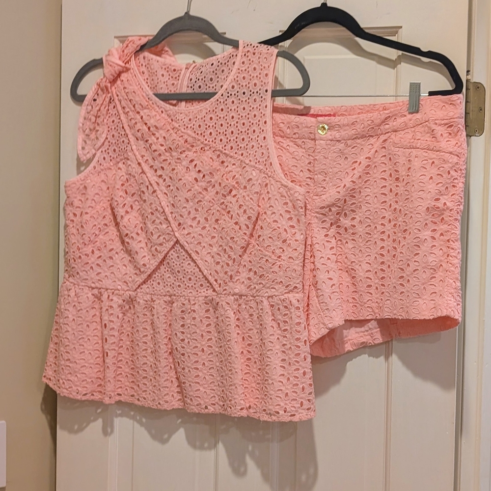 Lilly Pulitzer DIARA PEPLUM TOP + KELLY SHORT Set Pink Tropics EYELET Size 14